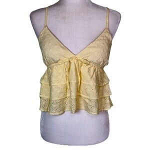 Women's Yellow Eyelet Ruffle Peplum Cami Top Dainty Feminine Fairy Coquette Sz S